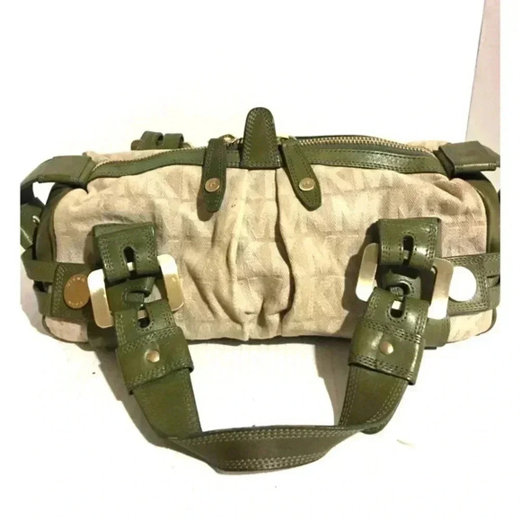 Michael Kors beige canvas/ green leather satchel handbag - Picture 2 of 10